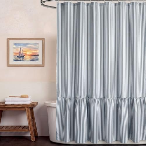 HunnmingRe Dust Blue Farmhouse Striped Shower Curtain Ruffle Hem 72x72''