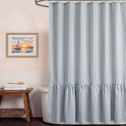 HunnmingRe Dust Blue Farmhouse Striped Shower Curtain Ruffle Hem 72x72''