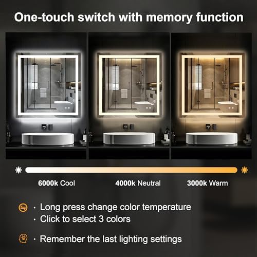 30x30 LED Bathroom Mirror with Lights, Lighted Vanity Mirror for Wall
