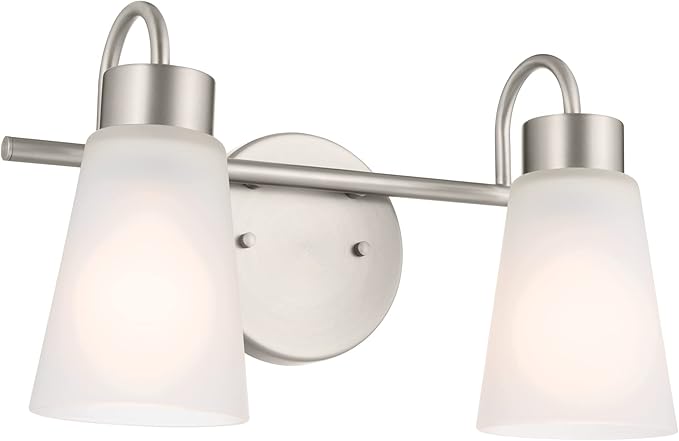 Kichler Erma 2-Light Bathroom Vanity Light Fixture with Clear Satin Etched Glass, Updated Traditional Wall Light in Brushed Nickel, (13.5" x 8.5")