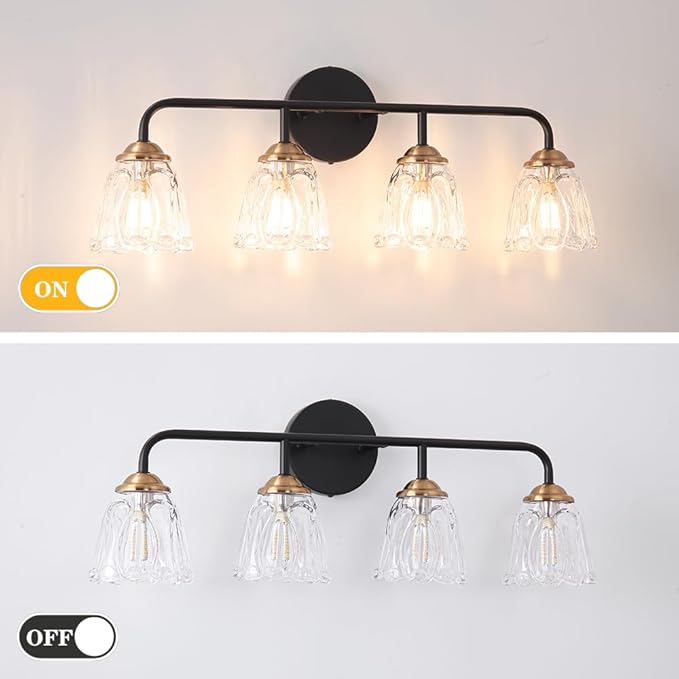 4-Light Vintage Vanity Light, Black and Gold Bathroom Vanity Light Fixtures Over Mirror, Elegant Bathroom Light Fixtures with Clear Glass Shade, Wall Sconce Lighting for Bedroom, Living Room