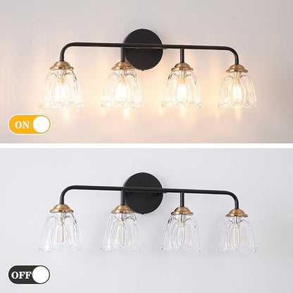 4-Light Vintage Vanity Light, Black and Gold Bathroom Vanity Light Fixtures Over Mirror, Elegant Bathroom Light Fixtures with Clear Glass Shade, Wall Sconce Lighting for Bedroom, Living Room
