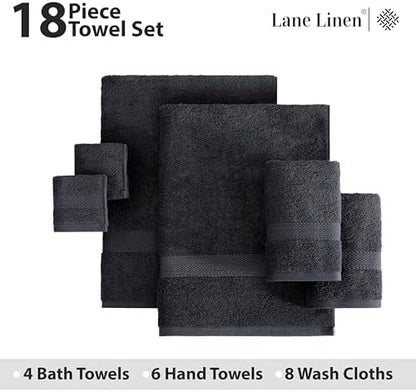 LANE LINEN Bath Towel Set Quick Dry 100% Cotton 18 Piece Soft - Black