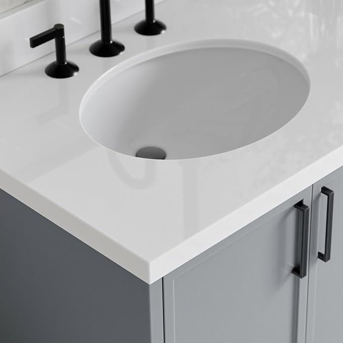 ARIEL Kelly 72-inch Bathroom Vanity with Sink,Solid Wood, 1.5-inch Pure White Quartz Countertop & Backsplash, Double Oval Porcelain Sink, 4 Soft Closing Doors, 5 Dovetail Drawers, Grey