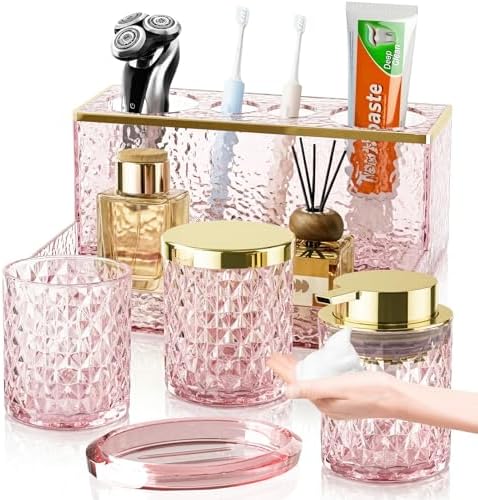 Glass Bathroom Accessories Set 5Pcs Crystal Pink - Foaming Soap Dispenser, Soap Dish, Cup, Acrylic Toothbrush Holder with Tray Organizer, Cotton Swab Jar, Bathroom Counter Set Sink Decor