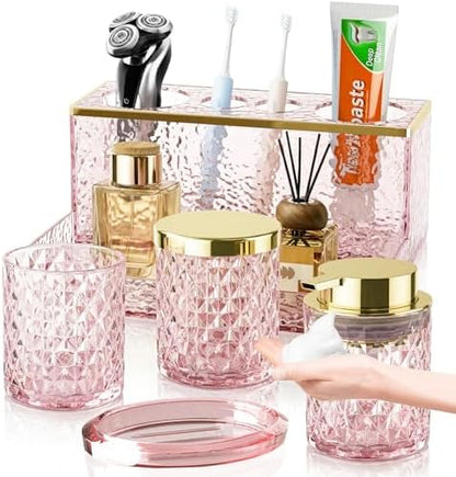 Glass Bathroom Accessories Set 5Pcs Crystal Pink - Foaming Soap Dispenser, Soap Dish, Cup, Acrylic Toothbrush Holder with Tray Organizer, Cotton Swab Jar, Bathroom Counter Set Sink Decor