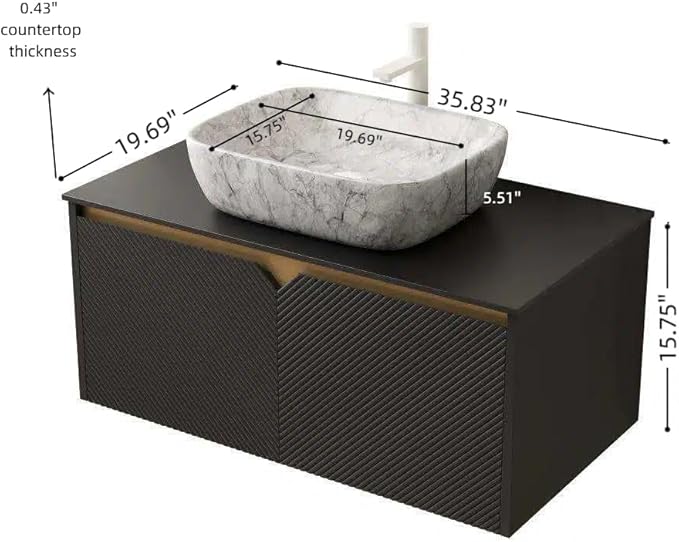 36 Inch Bathroom Vanity with Sink, Floating Fluted Vanity with Vessel Sink, Modern Bathroom Vanity Cabinet with 2 Doors with Metal Trim, Oval Marble Sink & Sintered Stone Top, Black