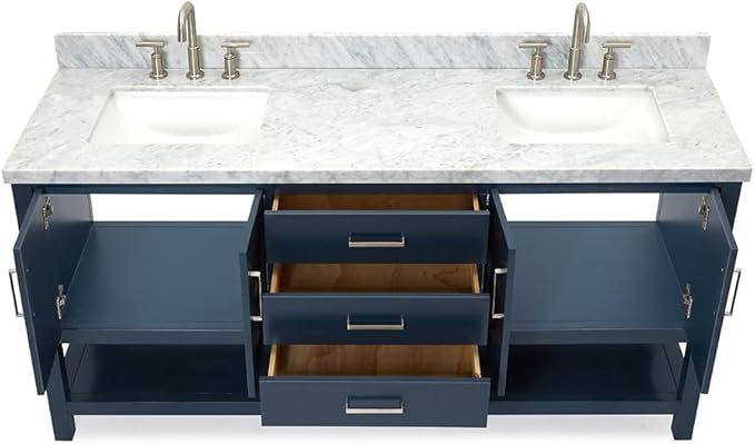 DKB Olivia 72" Midnight Blue Double Bathroom Vanity with Sink, 1.5" Edge Italian Carrara Marble Countertop, Rectangular Undermount Sinks, 4 Soft Closing Doors, 3 Dovetail Drawers