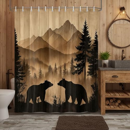 Bear Shower Curtain, Rustic Cabin Forest Shower Curtain Brown Wooden Print Wildlife Country Bath Curtains with Hooks, Hunting Camping Waterproof Polyester Fabric Bathroom Decor Accessories,70X75IN