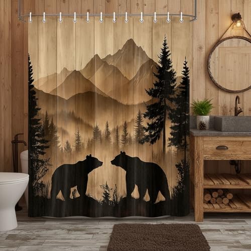 Bear Shower Curtain, Rustic Cabin Forest Shower Curtain Brown Wooden Print Wildlife Country Bath Curtains with Hooks, Hunting Camping Waterproof Polyester Fabric Bathroom Decor Accessories,47X70IN