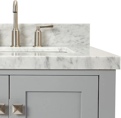 ARIEL Cambridge 36-inch Bathroom Vanity with Sink,Solid Wood, 1.5-inch Italian Carrara Marble Countertop, Single Rectangular Porcelain Sink, 2 Soft Closing Doors, 5 Dovetail Drawers, Grey