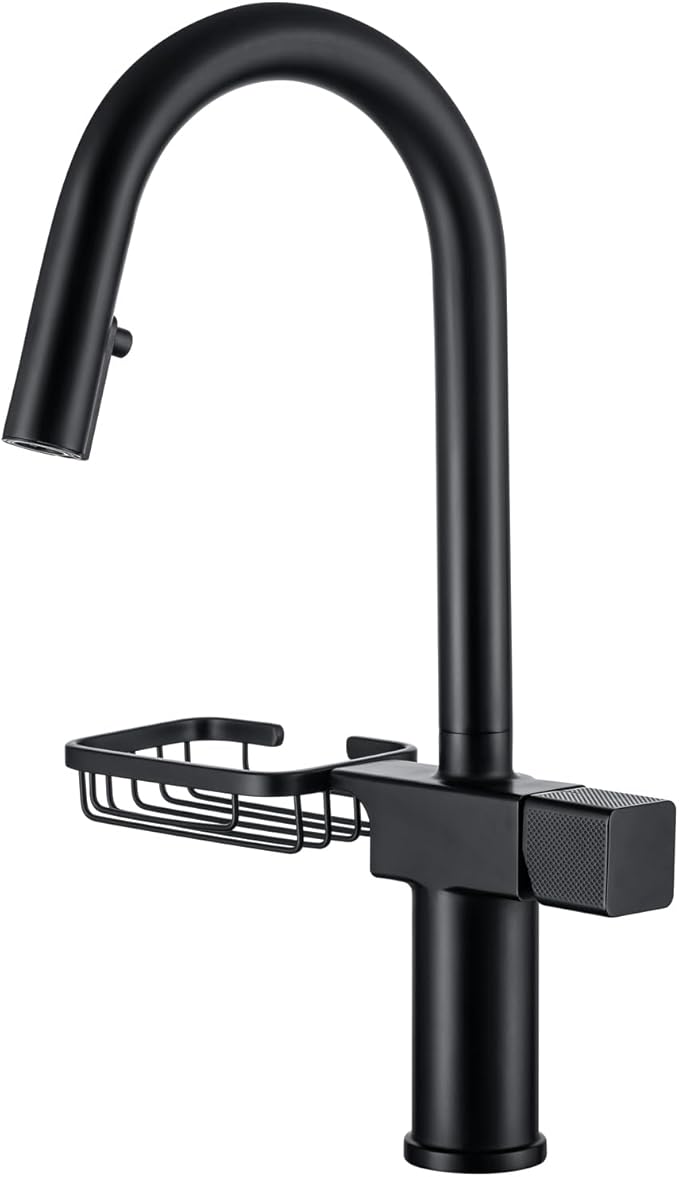 JRUIA Gold Extendable Bathroom Faucet, 360° Swivel Brass Faucet, Kitchen and Sink Mixer Tap, Modern Faucet with Soap Holder,Black