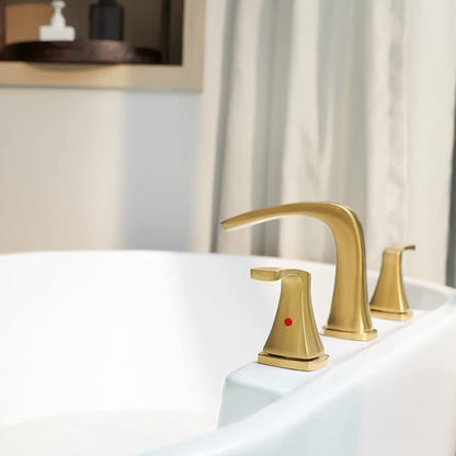 Waterfall 2 Handle Widespread Roman Tub Faucet Brushed Gold | 3 Hole Deck Mount Bathtub Filler with Valve & Supply Lines