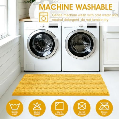 ACCUMTEK Striped Yellow Bathroom Rug Set 3 Pieces Ultra Soft, Non Slip Chenille Toilet Mat, Absorbent Plush Shaggy Bath Mats for Bathroom, Bedroom, Kitchen