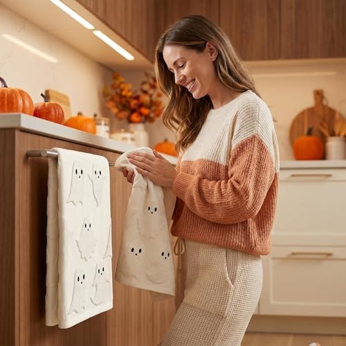 2 Pack Halloween Hand Towels 100% Cotton Jacquard Ghost Halloween Kitchen Towels White Bathroom Towels Set Seasonal Bathroom Decor (Beige Ghost, Halloween)