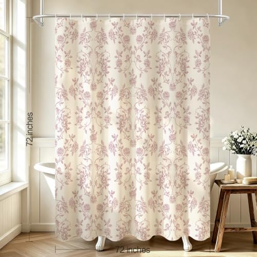 MitoVilla Vintage Farmhouse Pink Floral Poly-Cotton Shower Curtain, 72x72