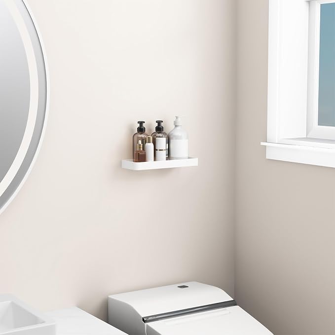 12-Inch Wall Shelf, Clear Tempered Glass with Matte White Aluminum Frame – Versatile Floating Bathroom Organizer