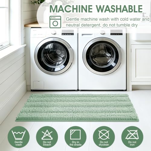 Christmas Striped Sage Green Bathroom Rug Mat Set 2 piece 32"x20"+60"x20" Ultra Soft, Non Slip Chenille Bath Rugs, Absorbent Plush Shaggy Bath Mats for Bathroom, Bedroom, Kitchen, Shower, Tub