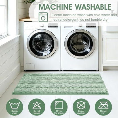 ACCUMTEK Tauso Striped Sage Green Bathroom Rug Set 3 Pieces Ultra Soft, Non Slip Chenille Toilet Mat, Absorbent Plush Shaggy Bath Mats for Bathroom, Bedroom, Kitchen