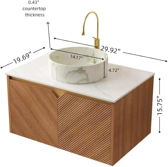Floating Bathroom Vanity with Sink, 30 Inch Fluted Vanity with Vessel Sink, Modern Bathroom Vanity Cabinet with 2 Doors, White Ceramic Sink with Stone Pattern & Sintered Stone Top, Oak