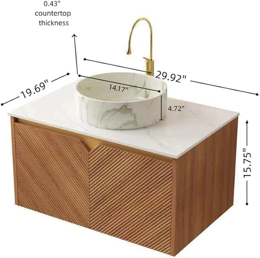Floating Bathroom Vanity with Sink, 30 Inch Fluted Vanity with Vessel Sink, Modern Bathroom Vanity Cabinet with 2 Doors, White Ceramic Sink with Stone Pattern & Sintered Stone Top, Oak