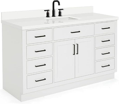 ARIEL Hepburn 60-inch Bathroom Vanity with Sink,Solid Wood, 1.5-inch Pure White Quartz Countertop & Backsplash, Single Rectangular Porcelain Sink, 2 Soft Closing Doors, 9 Dovetail Drawers, White