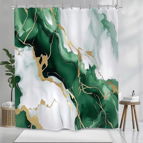Emerald Green Marble Art Shower Curtain 60Wx72L Inch Abstract Modern Contemporary Bathroom Set Accessories Decor with 12 Pack Hooks