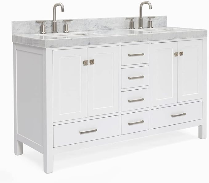 ARIEL Cambridge 60-inch Bathroom Vanity with Sink,Solid Wood, 2-inch Italian Carrara Marble Countertop, Double Rectangular Porcelain Sink, 2 Soft Closing Doors, 6 Dovetail Drawers, White