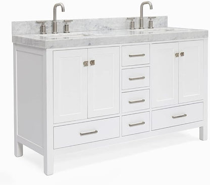 ARIEL Cambridge 60-inch Bathroom Vanity with Sink,Solid Wood, 2-inch Italian Carrara Marble Countertop, Double Rectangular Porcelain Sink, 2 Soft Closing Doors, 6 Dovetail Drawers, White