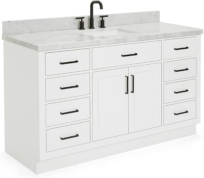 ARIEL Hepburn 60-inch Bathroom Vanity with Sink,Solid Wood, 1.5-inch Italian Carrara Marble Countertop, Single Rectangular Porcelain Sink, 2 Soft Closing Doors, 9 Dovetail Drawers, White