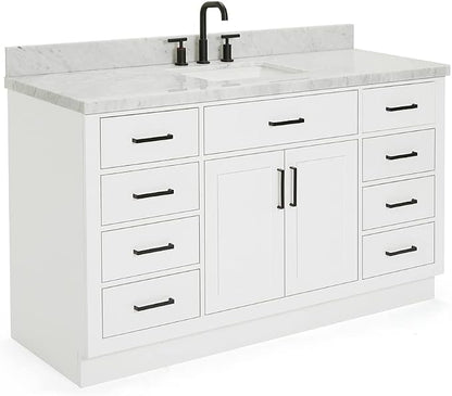 ARIEL Hepburn 60-inch Bathroom Vanity with Sink,Solid Wood, 1.5-inch Italian Carrara Marble Countertop, Single Rectangular Porcelain Sink, 2 Soft Closing Doors, 9 Dovetail Drawers, White