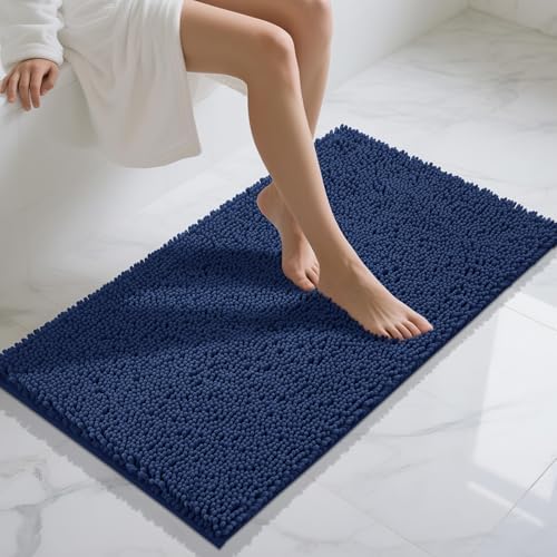 Yimobra Long Bathroom Rugs 44"x24", Extra Soft Non Slip Bath Mat for Tub, Super Absorbent Quick Dry Shaggy Rug Floor Carpet, Machine Washable,Navy Blue