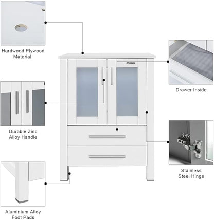 eclife 72" Modern Bathroom Vanity Sink Combo Freestanding Cabinet with Small Side Cabinet, White Boat Ceramic Vessel Sink, Water Save Faucet, Drain (White+T44)