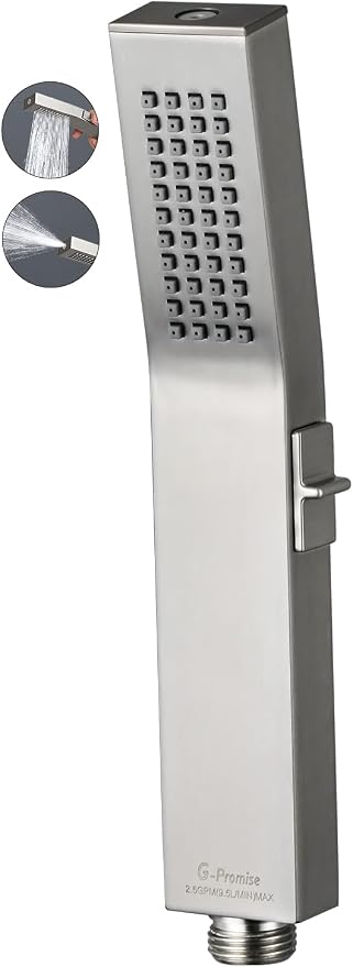 G-Promise Metal Square Handheld Head with Power Wash Mode(Brushed Nickel) | All Metal Construction, Powerful Wash Mode, Side Push Switch, Modern Look, Simple to Install
