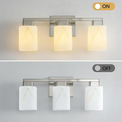 3-Light Square Bathroom Light Fixture, Brushed Nickel Modern Vanity Light with White Marble Glass Shade, for Bathroom Mirror, Living Room, Bedroom, Hallway, E26 Base