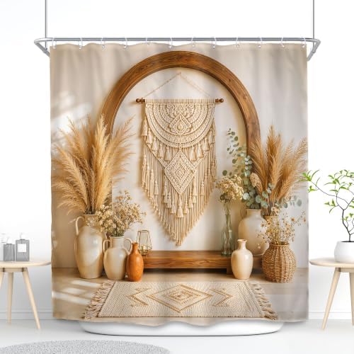 Boho Shower Curtain 72x72 Bohemian Style Pampas Grass Beige Bathroom Decor