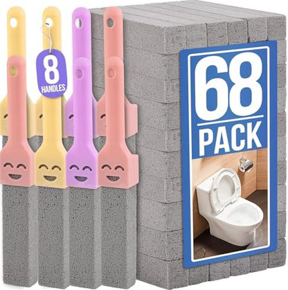 Navona 68 Pack Pumice Stone Scouring Sticks with 8 Universal Handles, Grey Pumice Cleaner for Toilets, Bathrooms & Multi-Surface Hard Water Stain and Limescale Removal