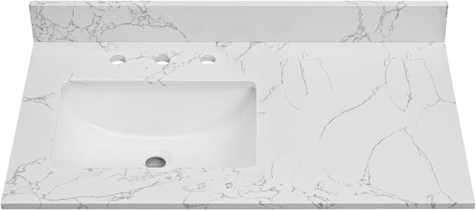 36 Inch Engineered Stone Bathroom Vanity Sink Top, with Undermount Rectangular Left Side Sink, Vanity Countertop with 8 inch Faucet Hole Spacing and Backsplash in Lightning White