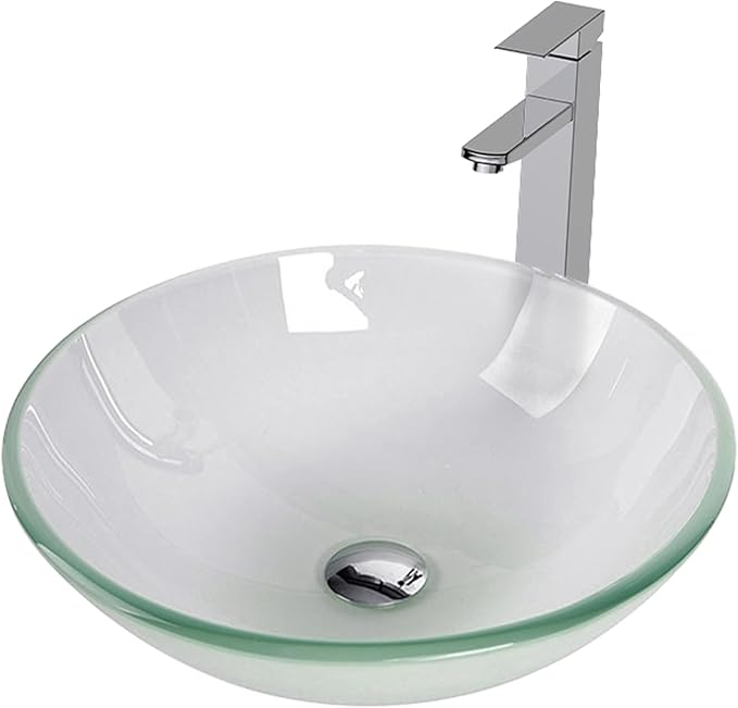 Bathroom Vessel Sink, Tempered Glass Vanity Round Bowl with Chrome Faucet and Pop up drain Set, Frosted