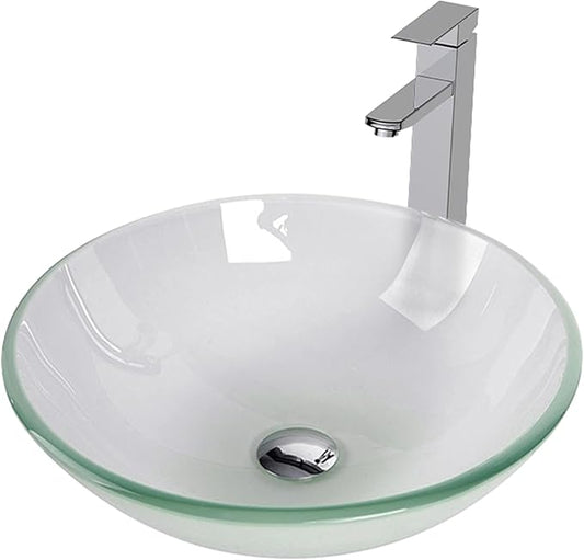 Bathroom Vessel Sink, Tempered Glass Vanity Round Bowl with Chrome Faucet and Pop up drain Set, Frosted