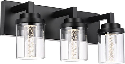 MELUCEE 3-Light LED Bathroom Light Fixtures Over Mirror 5 Color Temperature | Modern Bathroom Vanity Lights 5CCT Black Vanity Light with Bubble Crystal and Clear Glass Shade, Built-In LED Chips
