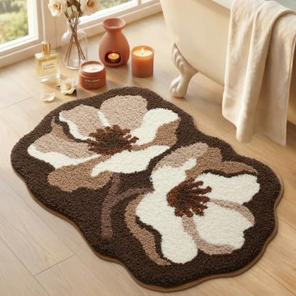 LUMI Flower Bathroom Rug, Absorbent Non Slip Bath Mat, 20x32, Brown Flower