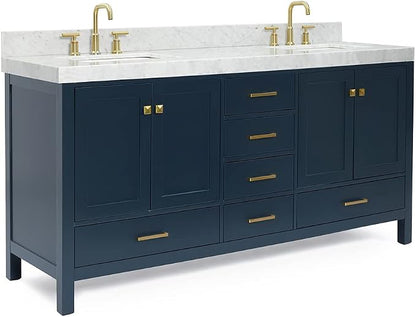 ARIEL Cambridge 72-inch Bathroom Vanity with Sink,Solid Wood, 2-inch Italian Carrara Marble Countertop, Double Rectangular Porcelain Sink, 4 Soft Closing Doors, 6 Dovetail Drawers, Midnight Blue