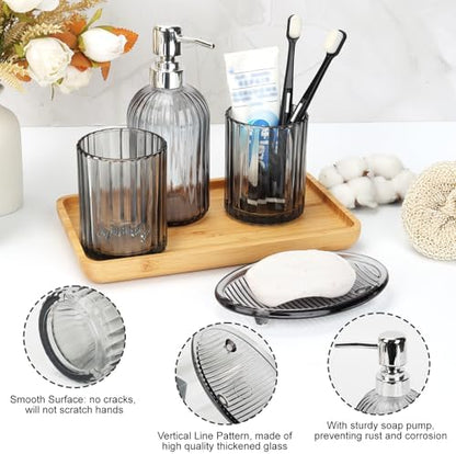 Bathroom Accessories Set, 4Pcs Black Grey Glass Bathroom Accessories Sets Complete Lotion Soap Dispenser, Toothbrush Holder, Mouthwash Cup, Soap Dish for Bathroom Decor, Countertop Organizer