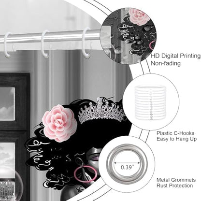 4Pcs African American Shower Curtain Sets with Rugs, Black Girl Shower Curtain for Bathroom Decor Sets with Paris Eiffel Tower Art Pattern, Grey Waterproof juego de baño, with 12 PCS Hooks