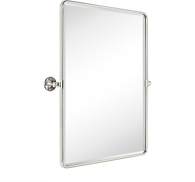 Farmhouse Pivot Rectangle Bathroom Mirror Chrome Metal Framed Tilting Beveled Vanity Mirrors for Wall, Overall 27.91x 30 inches (Mirrror 24 x 30 inches)