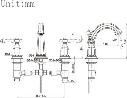 Vanity Faucet 3 Holes Gooseneck 2 Handle Bathroom Faucet with Pull Rod Hot and Cold Water,Zirconium Gold
