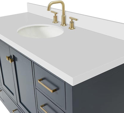 ARIEL Cambridge 54-inch Bathroom Vanity with Sink,Solid Wood, 1.5-inch Pure White Quartz Countertop & Backsplash, Single Oval Porcelain Sink, 2 Soft Closing Doors, 9 Dovetail Drawers, Midnight Blue