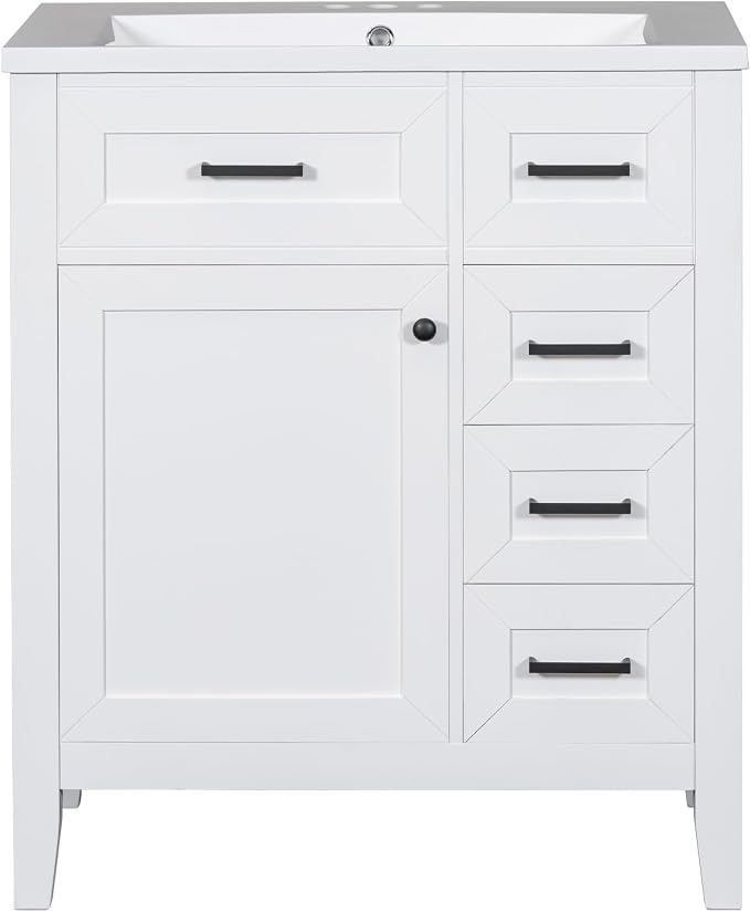 30 Inch Bathroom Vanities with Undermount Ceramic Sink, Storage Cabinet with Soft Closing Doors, Three Drawers and Organizer Rack Shelf, Solid Wood Frame, White
