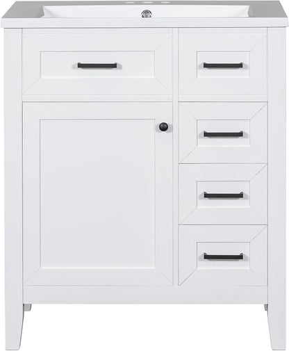 30 Inch Bathroom Vanities with Undermount Ceramic Sink, Storage Cabinet with Soft Closing Doors, Three Drawers and Organizer Rack Shelf, Solid Wood Frame, White